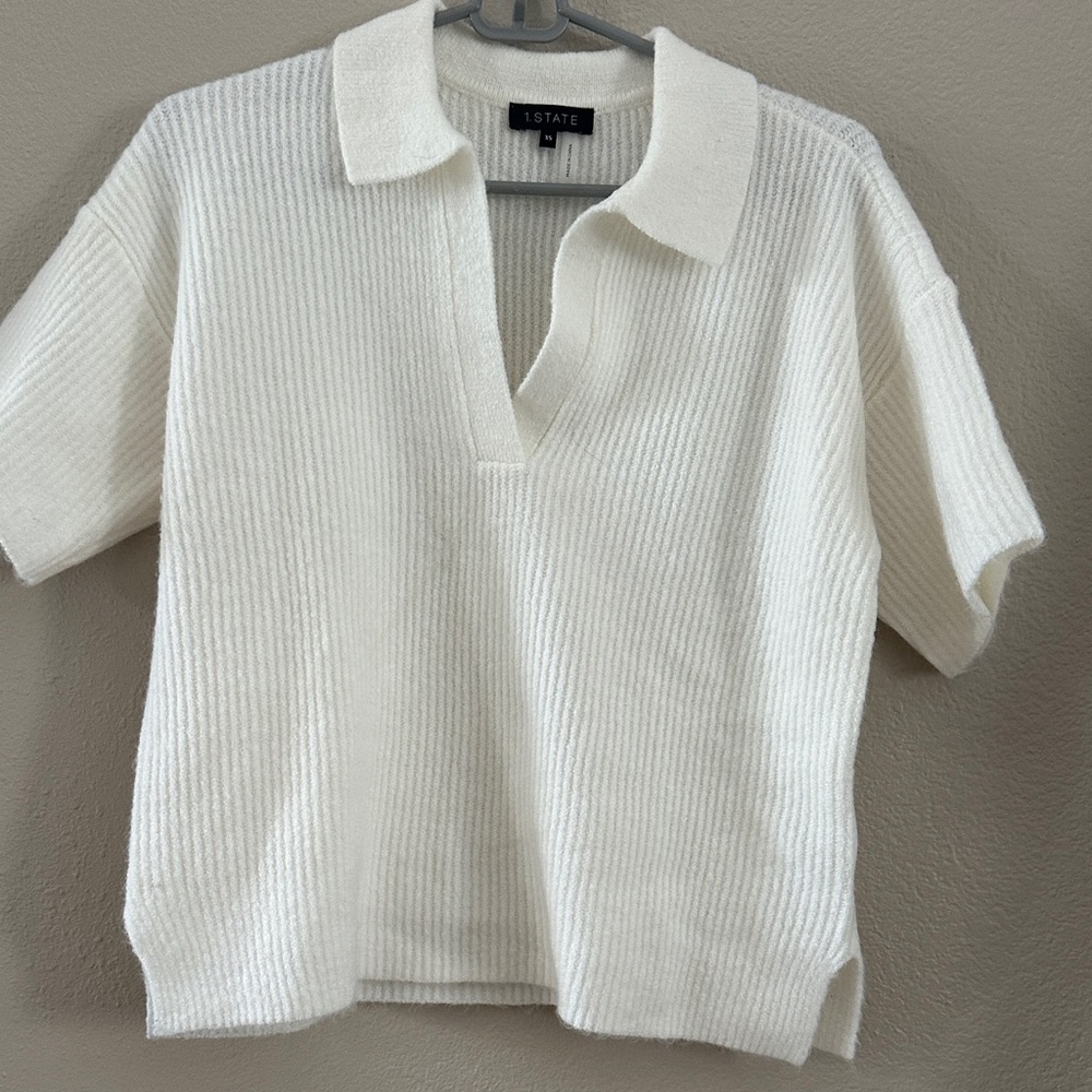 1. State white Ribbed Knit Polo Top